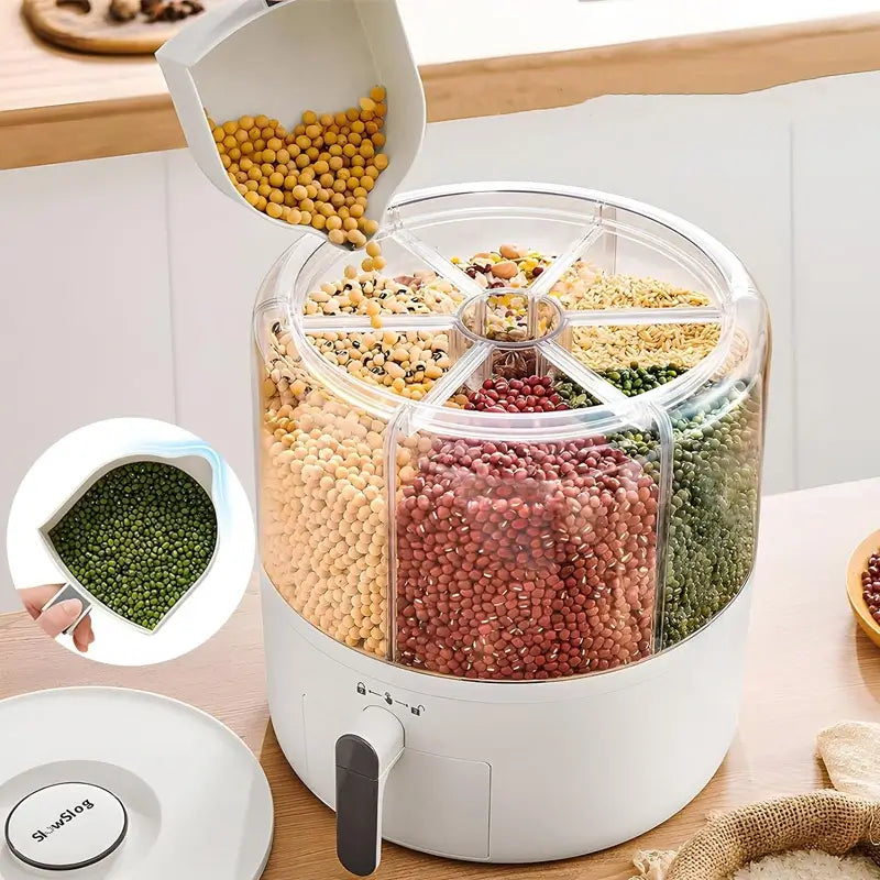 ECOCO 360° Rotary Grains Storage Box – Divided Rice & Cereal Dispenser”