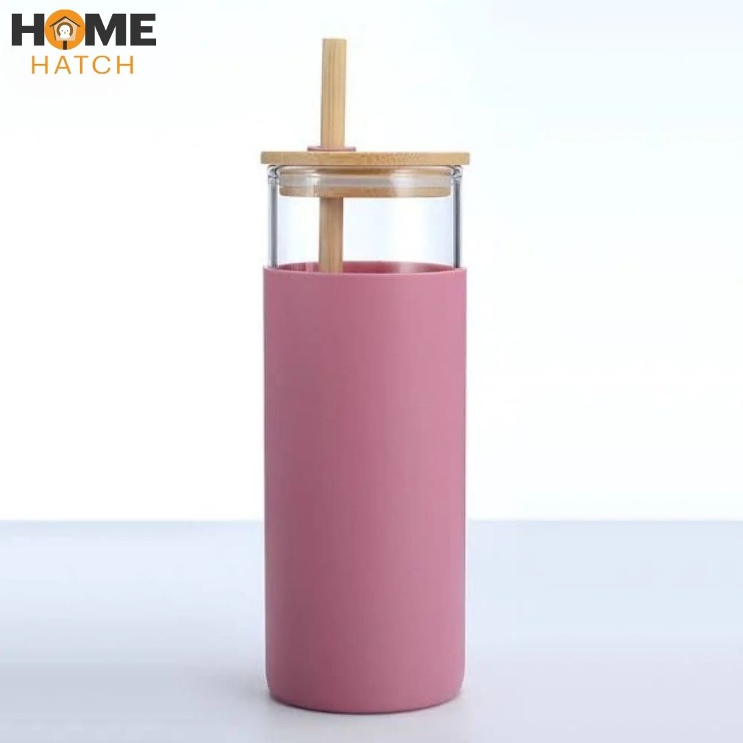 Eco-friendly reusable glass tumbler with bamboo lid & straw for iced coffee