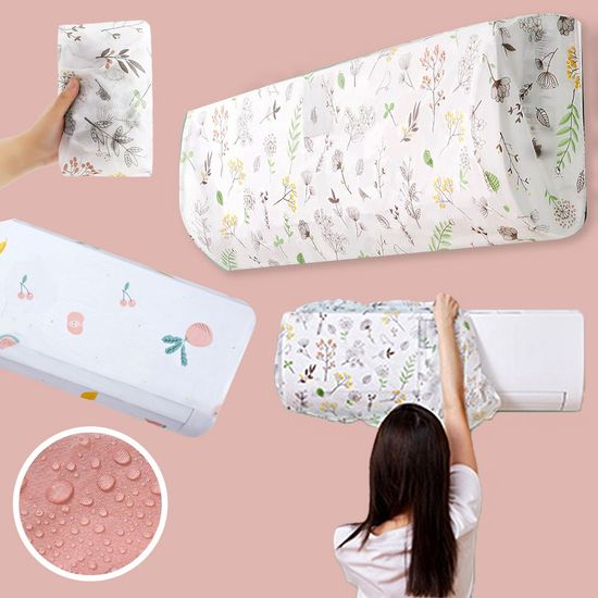 Elastic air conditioner dust cover being installed on wall-mounted ACDecorative cartoon design AC dust cover for home and officeElastic stretch AC cover showing flexible fitOriginal packaged air conditioner dust covers with cartoon prints