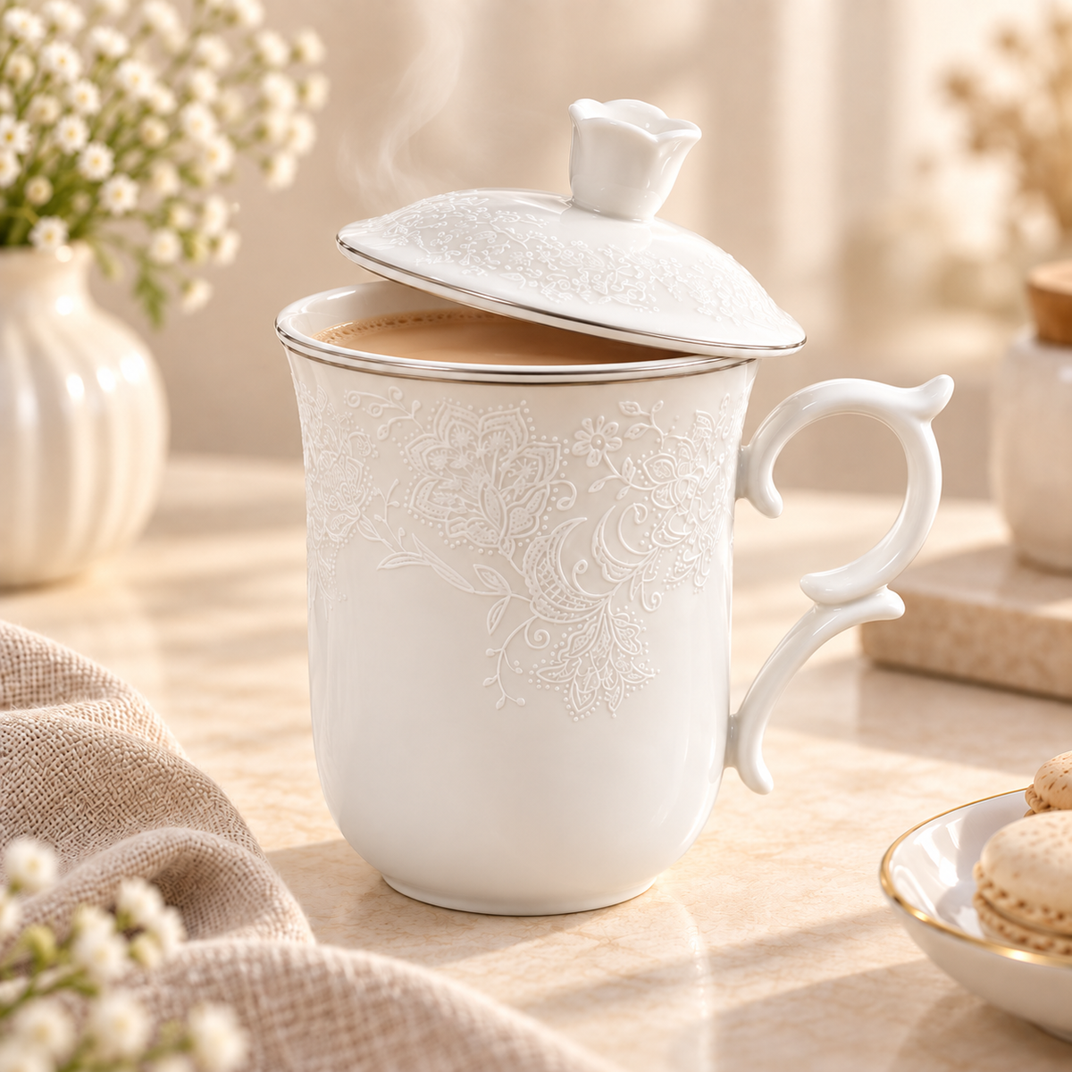 embossed floral ceramic mugceramic mug with lidfloral coffee mugpremium ceramic coffee mugceramic tea cup with liddecorative handle mugelegant coffee mugaesthetic ceramic mugceramic mug Pakistancoffee mug with lid PakistanElegant embossed floral ceramic mug with matching lid and decorative handle for serving tea, coffee and hot beverages at home or office.