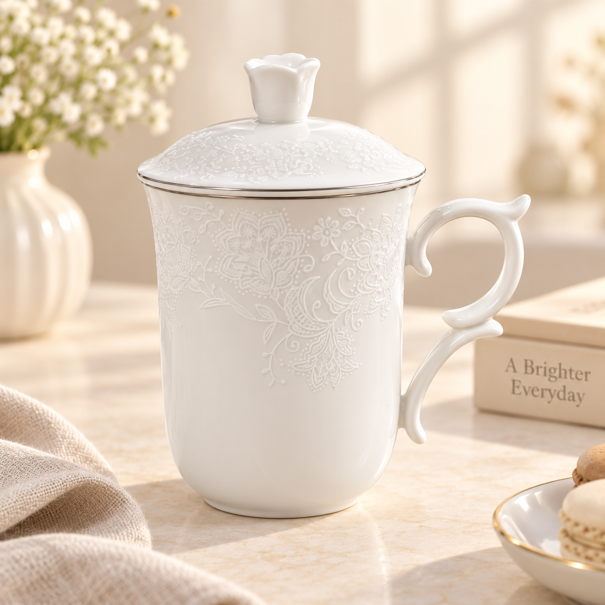embossed floral ceramic mugceramic mug with lidfloral coffee mugpremium ceramic coffee mugceramic tea cup with liddecorative handle mugelegant coffee mugaesthetic ceramic mugceramic mug Pakistancoffee mug with lid PakistanElegant embossed floral ceramic mug with matching lid and decorative handle for serving tea, coffee and hot beverages at home or office.
