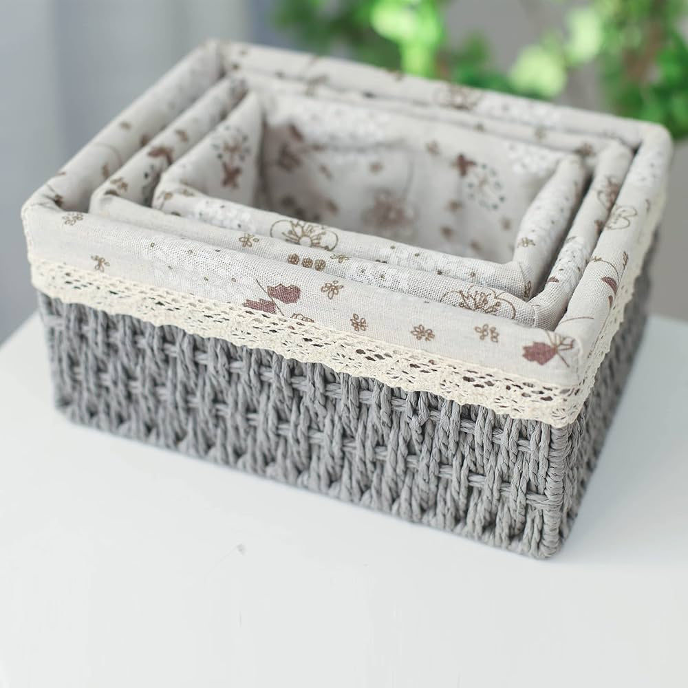 Rectangular Cloth Covered Braided Basket | Vanity Basket | Set of 3