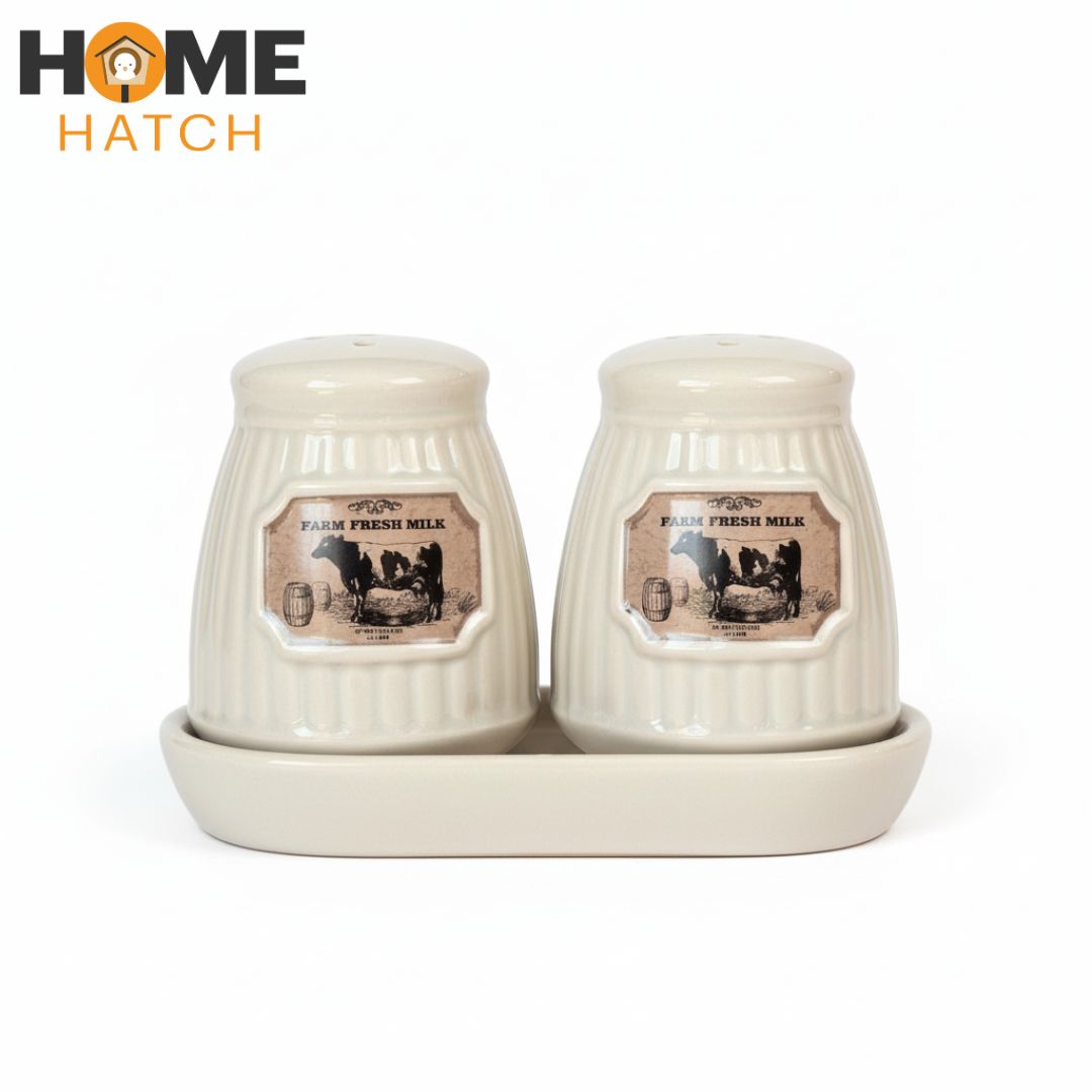 Farm Fresh Milk Ceramic Salt and Pepper Set with Tray Pakistan – Vintage Milk Bottle Design Ceramic Shakers for Kitchen and Dining Décor