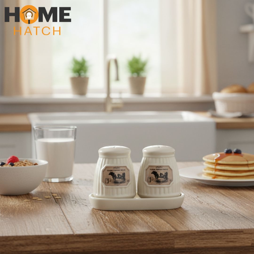 Farm Fresh Milk Ceramic Salt and Pepper Set with Tray Pakistan – Vintage Milk Bottle Design Ceramic Shakers for Kitchen and Dining Décor