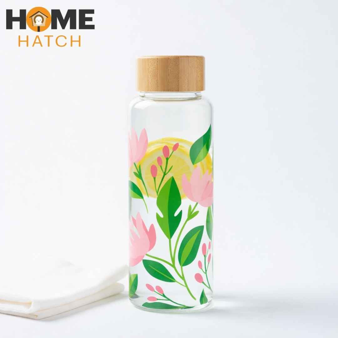 Floral Printed Glass Water Bottle with Bamboo Lid