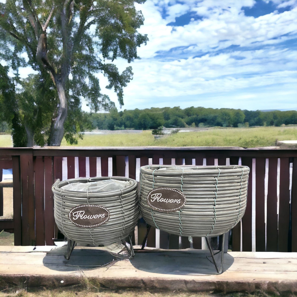 Plastic Rattan Woven Planter with Metal Stand | Pots & Vases