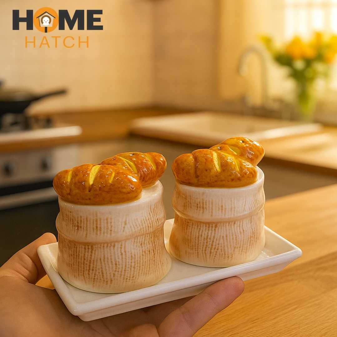 کھانے کی میز کے لیے ٹرے کے ساتھ فوڈ ڈیزائن نمک اور مرچ شیکرز | باورچی خانے کے لوازمات