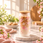 frosted cherry blossom glass tumbler, cherry blossom glass cup, floral glass tumbler, frosted glass tumbler with bamboo lid, glass tumbler with glass straw, cherry blossom iced coffee cup, aesthetic iced coffee glass, reusable glass drinking cup, floral printed glass tumbler, bamboo lid glass cup, frosted floral drinking glass, reusable iced coffee tumbler, cute glass tumbler Pakistan, aesthetic glass cups Pakistan, glass tumbler with straw Pakistan, iced coffee cup Pakistan, cherry blossom tumbler Pakistan