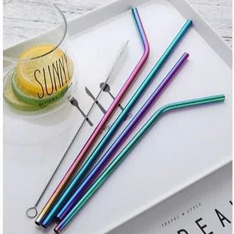 Multicolour Reusable Stainless Steel Drinking Straws With Cleaning Brush