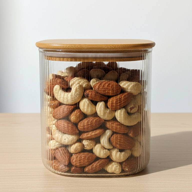 Square Ribbed Wooden Bamboo Lid Glass Storage Jars