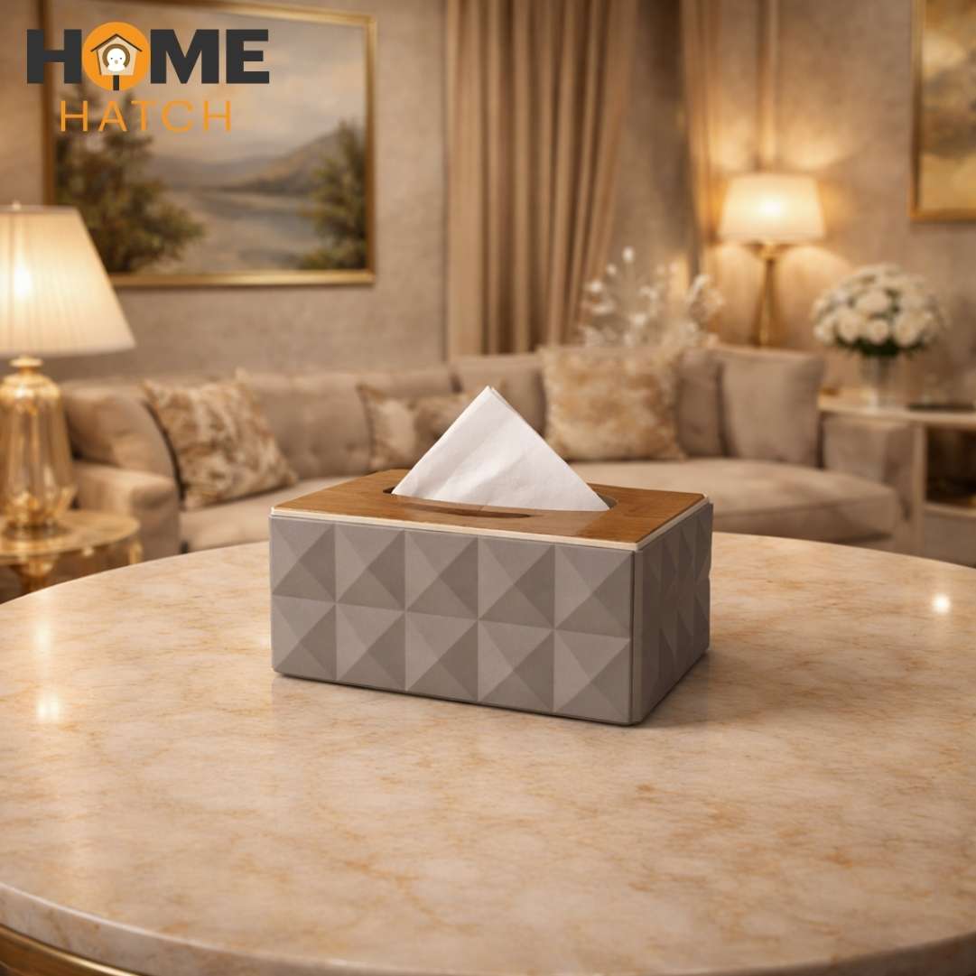 Geometric Textured Tissue Box with Wooden Lid – Luxury Decorative Tissue Holder