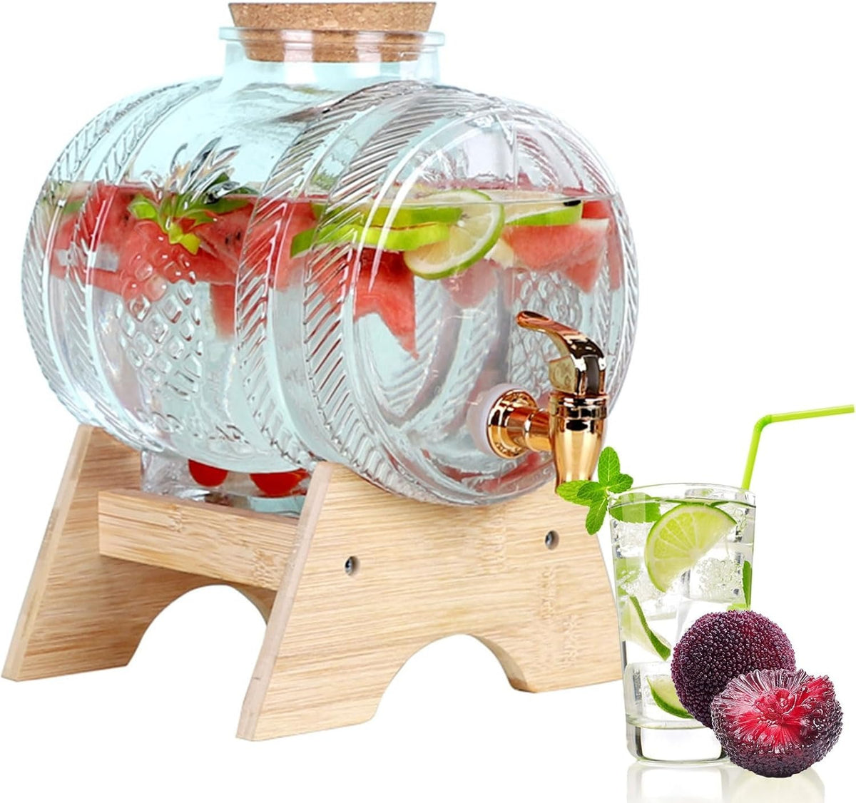 Glass Barrel Water & Juice Dispenser with Wooden Stand & Tap – 3 L & 5 L