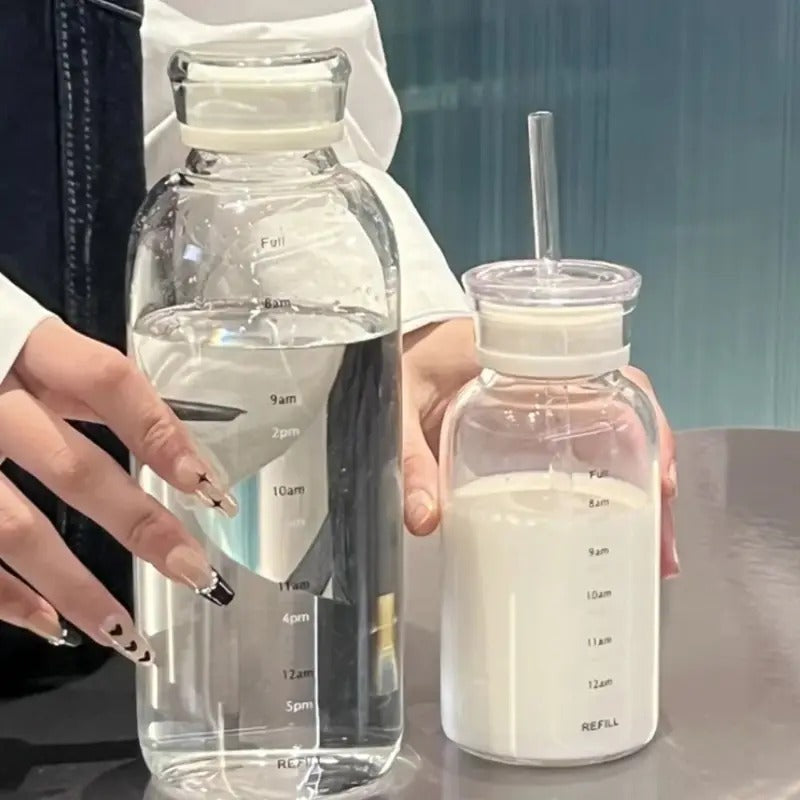 glass water bottle with straw and time marker BPA free hydration bottle – Home Hatch Pakistan