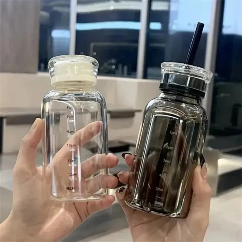 glass water bottle with straw and time marker BPA free hydration bottle – Home Hatch Pakistan