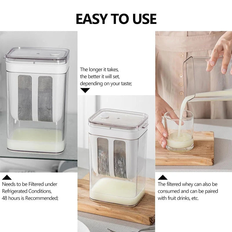 Greek yogurt maker with fine mesh strainer and collection container for filtering yogurt and separating liquid whey