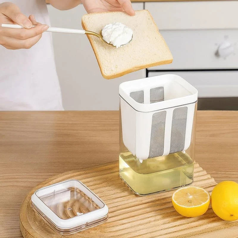 Greek yogurt maker with fine mesh strainer and collection container for filtering yogurt and separating liquid whey