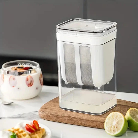Greek yogurt maker with fine mesh strainer and collection container for filtering yogurt and separating liquid whey