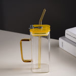 Transparent Square Tumbler Drinking Glass with Glass Straw and Colourful Handle