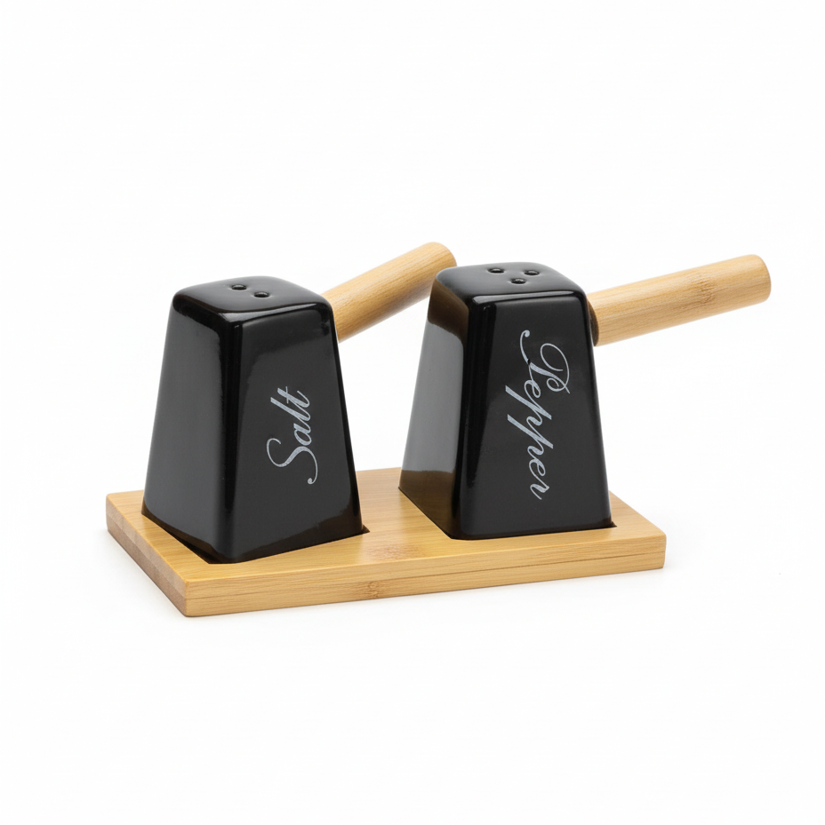 Hammer Shape Porcelain Salt & Pepper Set with Bamboo Tray Pakistan – Modern Ceramic Shakers for Dining & Kitchen Décor