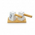 Hammer Shape Porcelain Salt & Pepper Set with Bamboo Tray Pakistan – Modern Ceramic Shakers for Dining & Kitchen Décor