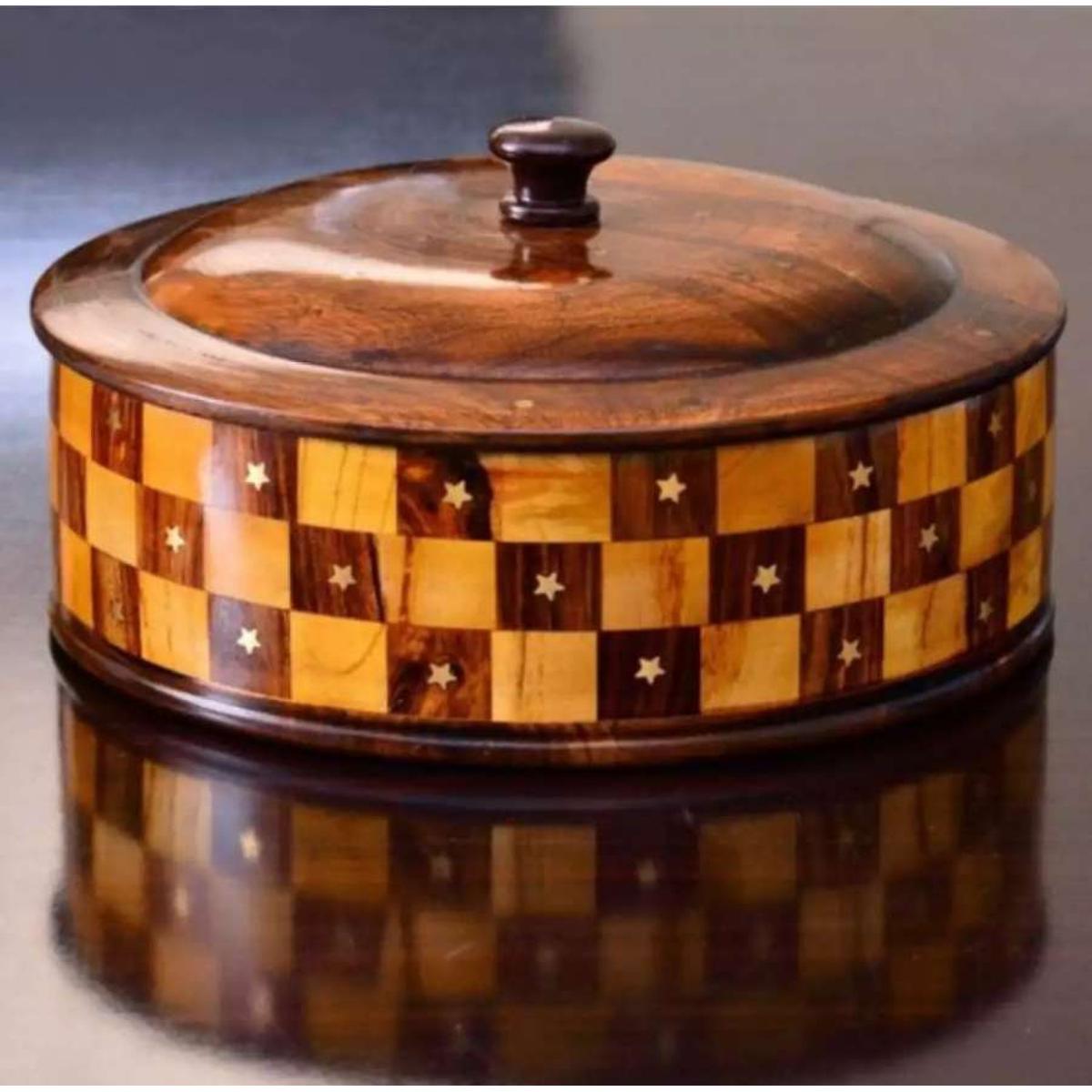 Handcrafted Wooden Naan Roti Box with Brass Inlay