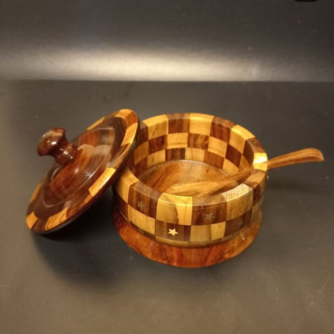 Handcrafted Wooden Sugar Pot with Spoon