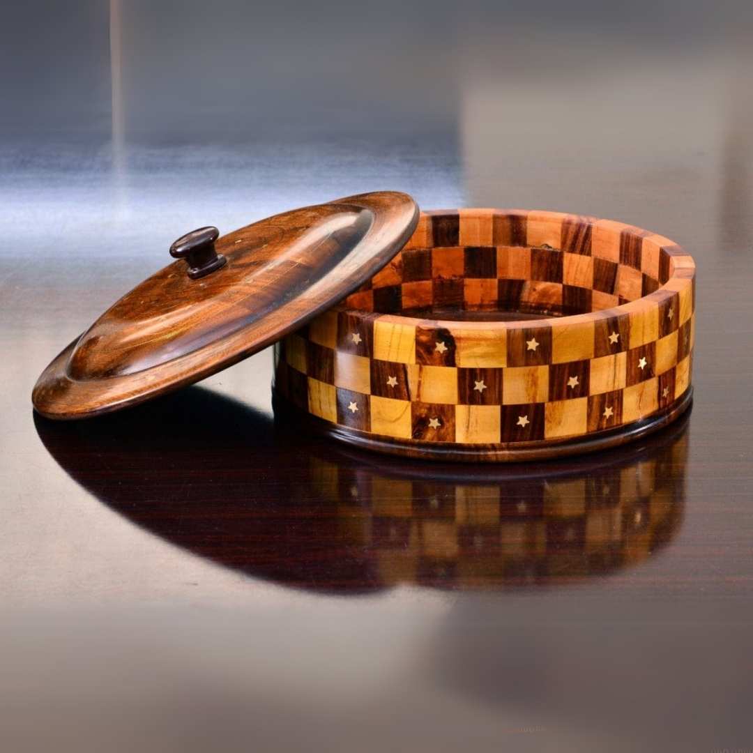 Handcrafted Wooden Naan Roti Box with Brass Inlay