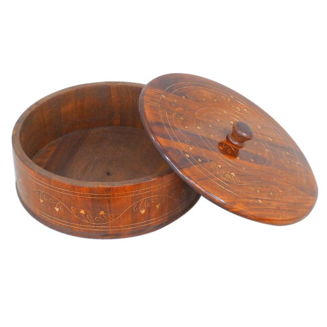 Handcrafted Wooden Naan Roti Box with Brass Inlay