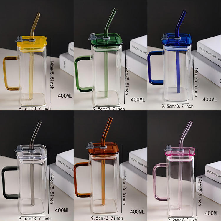 Transparent Square Tumbler Drinking Glass with Glass Straw and Colourful Handle