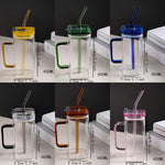 Transparent Square Tumbler Drinking Glass with Glass Straw and Colourful Handle
