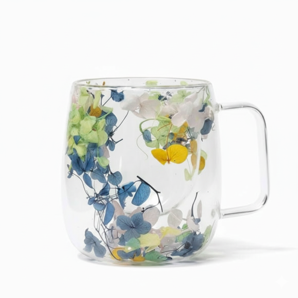 High borosilicate double-layer glass cup with dried flowers 400 ml – Home Hatch Pakistan