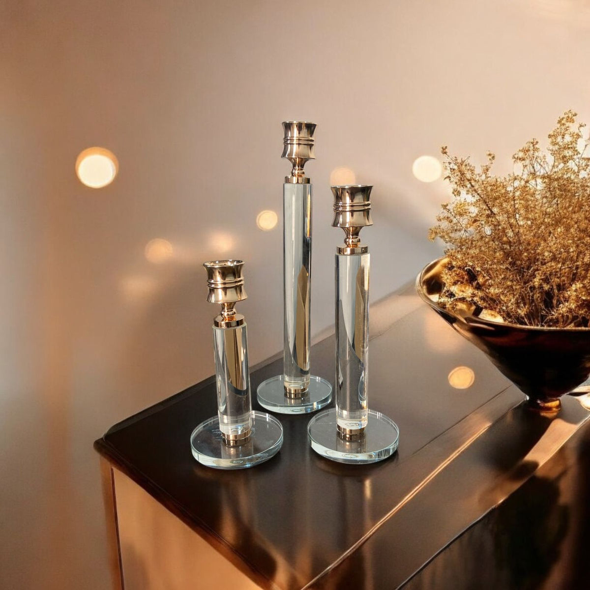 نورڈک اسٹائل میٹل اور گلاس کینڈل اسٹینڈ | پھولوں کا گلدستہ | گهر کی آرائش