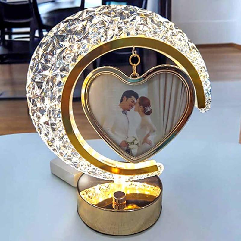 LED Crystal Half Moon Heart Shaped Rotating Photo Frame Lamp | Touch Dimming Bedside Light