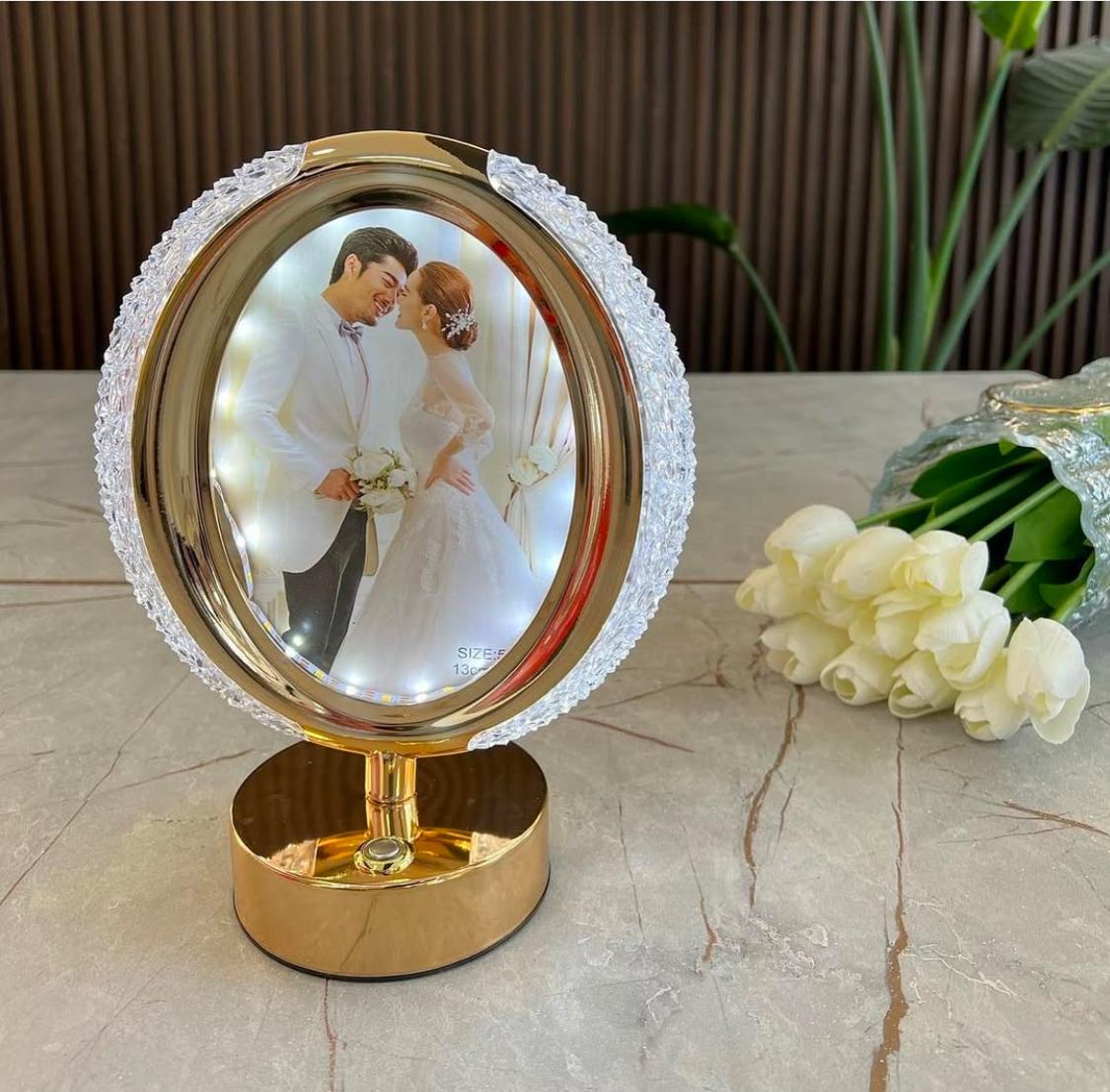 LED Crystal Oval Shaped Rotating Photo Frame Lamp | Touch Dimming Bedside Light