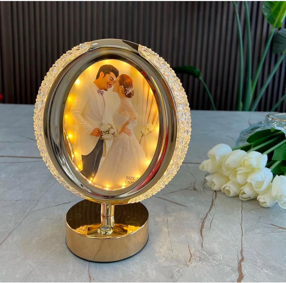 LED Crystal Oval Shaped Rotating Photo Frame Lamp | Touch Dimming Bedside Light