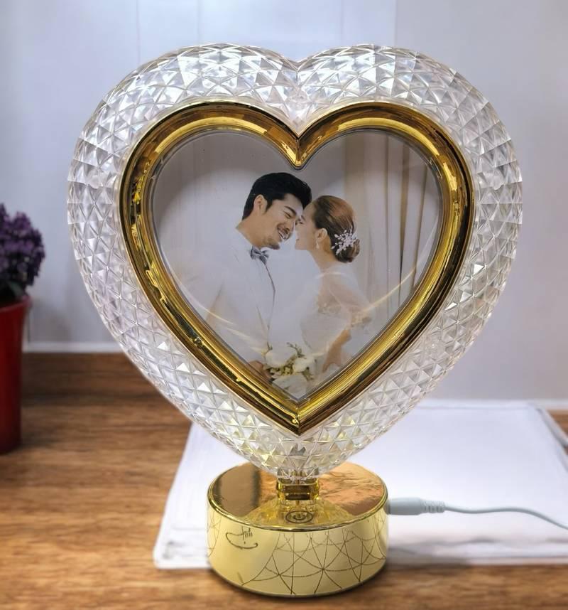 LED Crystal Heart Shaped Rotating Photo Frame Lamp | Touch Dimming Bedside Light