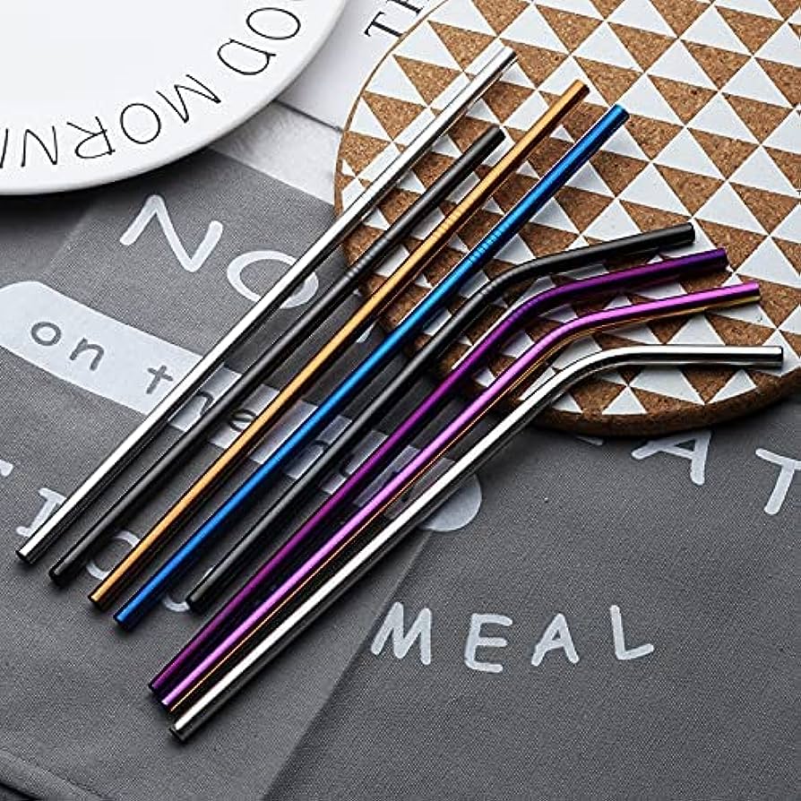 Multicolour Reusable Stainless Steel Drinking Straws With Cleaning Brush
