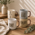inspirational coffee mugsceramic coffee mugsprinted coffee mugsmotivational coffee mugsceramic tea cupscoffee mugs with handlesoffice coffee mugstylish ceramic mugsprinted tea mugsceramic coffee mugs PakistanInspirational ceramic coffee mugs with contrasting handles and printed Dream Big, Enjoy Life, Oh and Happy Have a Nice Day designs for tea and coffee.