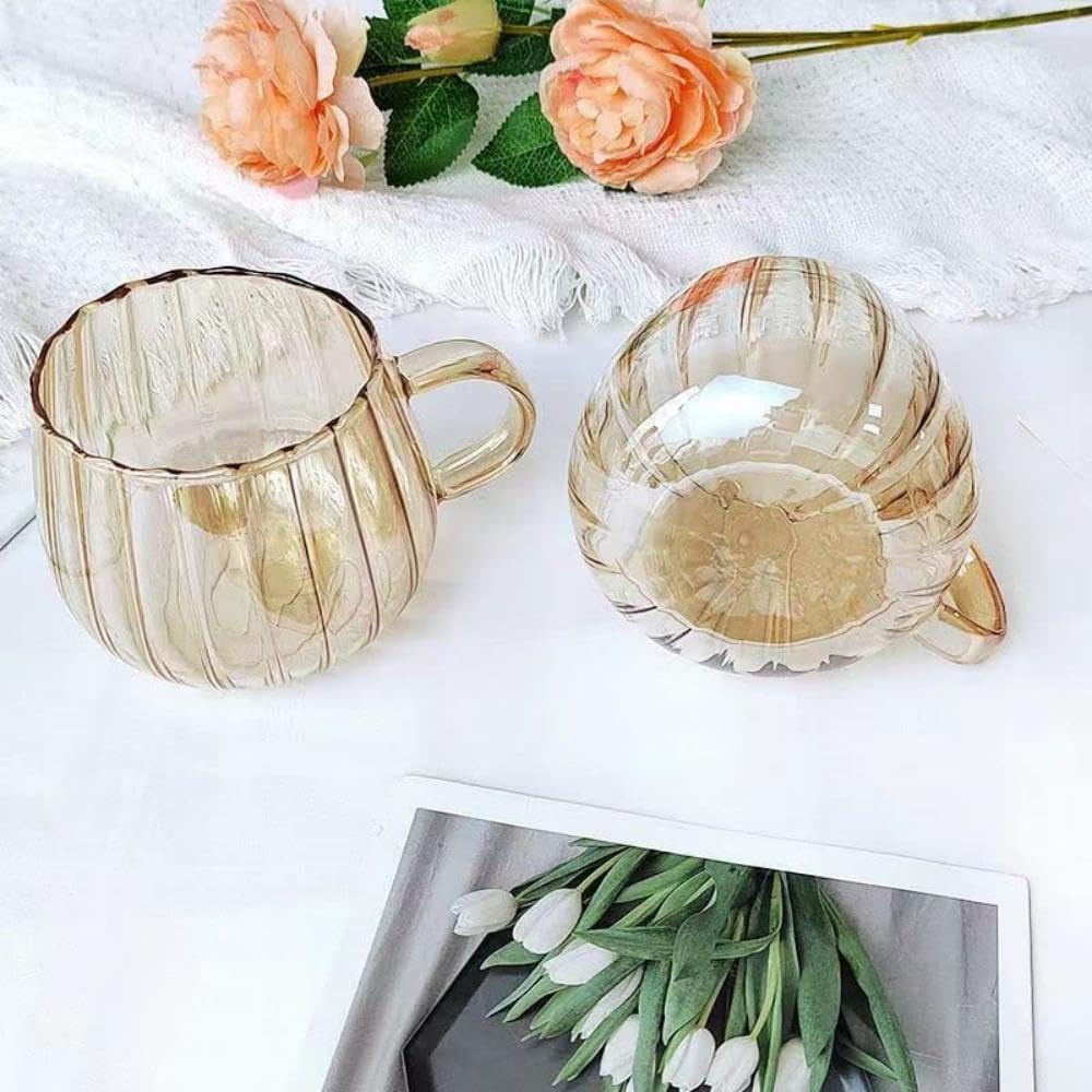 Japanese Pumpkin Glass Mug 350ml Pakistan – High Borosilicate Coffee Cup for Hot & Cold Drinks with Ribbed Pumpkin Design