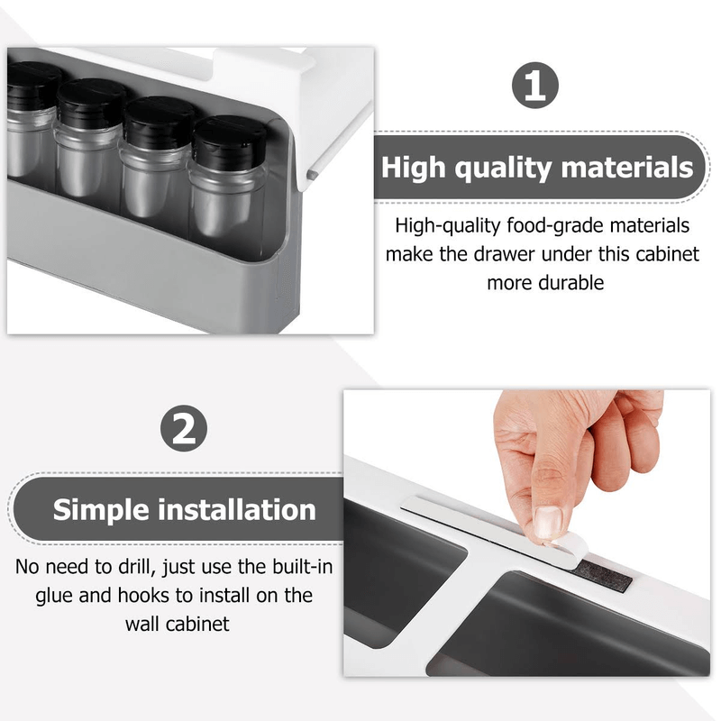 Space saving kitchen under-shelf spice rack – drawer organizer with bottles