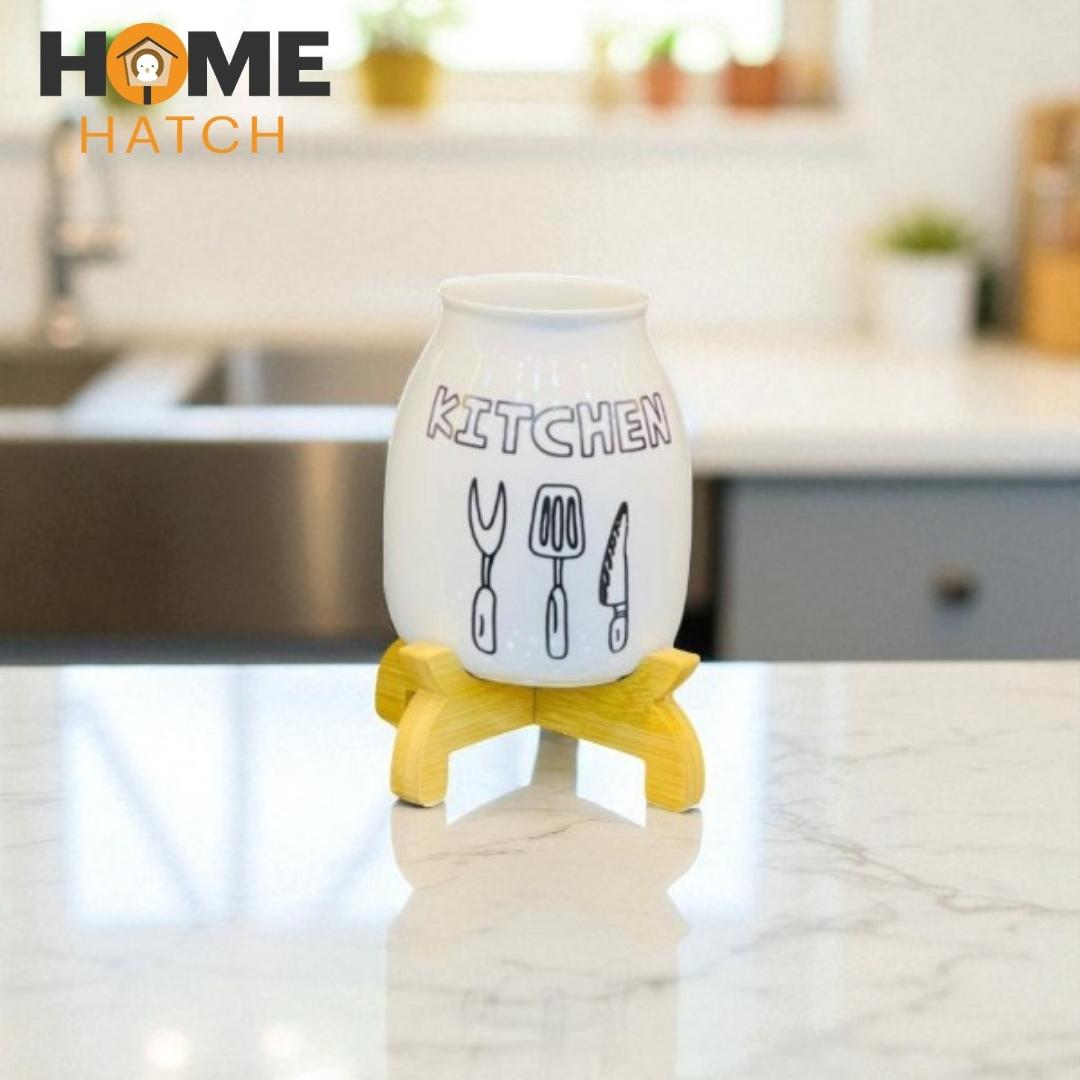 Kitchen Utensil Ceramic Holders with Bamboo Stand