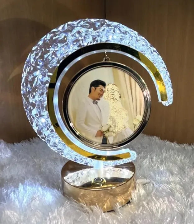 LED Crystal Half Moon Photo Frame Lamp | Touch Dimming Bedside Light