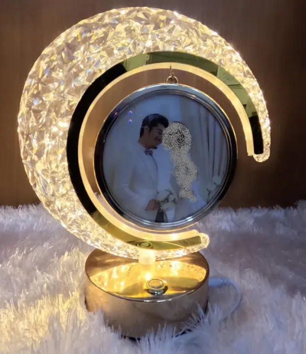 LED Crystal Half Moon Photo Frame Lamp | Touch Dimming Bedside Light