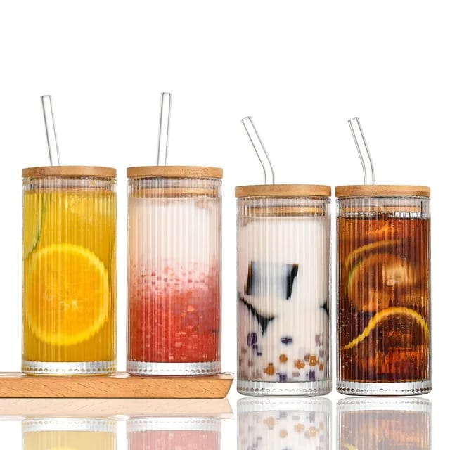 Lined Transparent Drinking Glass Tumbler with Bamboo Lid And Glass Straw - Home Hatch