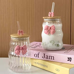 Lined Bow Transparent Drinking Glass Tumbler Pakistan – 450ml Glass Cup with Bamboo Lid & Reusable Glass Straw for Iced Coffee, Smoothies & Juices