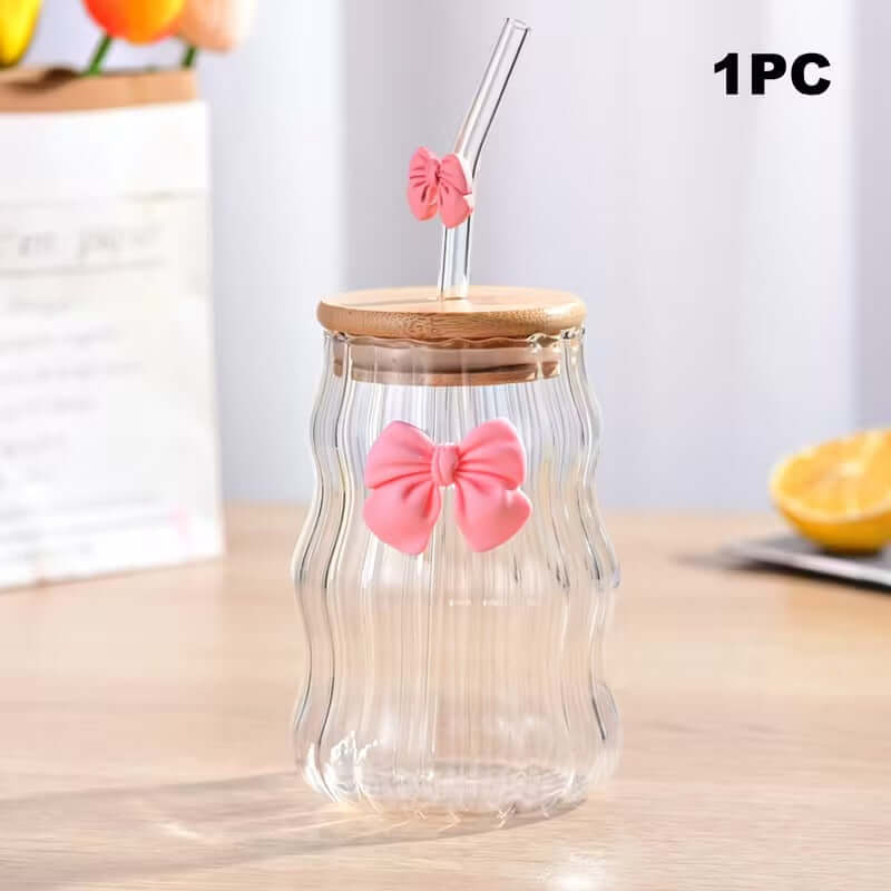 Lined Bow Transparent Drinking Glass Tumbler Pakistan – 450ml Glass Cup with Bamboo Lid & Reusable Glass Straw for Iced Coffee, Smoothies & Juices