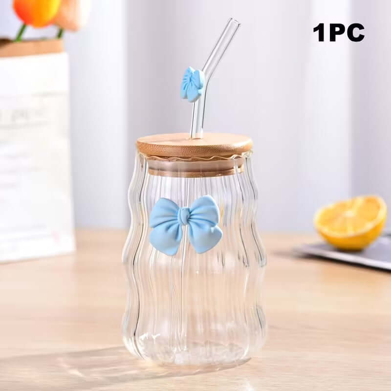 Lined Bow Transparent Drinking Glass Tumbler Pakistan – 450ml Glass Cup with Bamboo Lid & Reusable Glass Straw for Iced Coffee, Smoothies & Juices