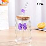 Lined Bow Transparent Drinking Glass Tumbler Pakistan – 450ml Glass Cup with Bamboo Lid & Reusable Glass Straw for Iced Coffee, Smoothies & Juices