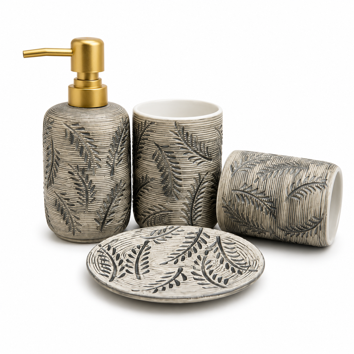 Luxury Leaf Pattern Ceramic Bathroom Accessories Setleaf pattern bathroom accessories setceramic bathroom set Pakistanluxury bathroom accessoriesvanity organizer setceramic bathroom décorbathroom countertop organizerleaf design bathroom setHome Hatch bathroom collectionluxury vanity accessoriesdecorative ceramic bathroom set