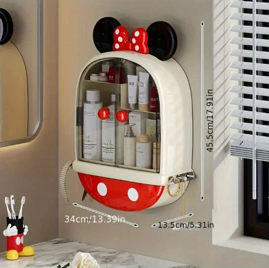 Minnie Mouse Wall-Mounted Bathroom Organizer by Home Hatch – PinkCute Minnie Mouse bathroom storage shelf with sliding doorsHome Hatch Minnie Mouse organizer for skincare and makeupKids’ bathroom wall-mounted storage with Minnie Mouse design